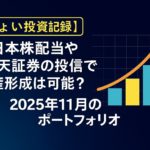 2025年11月のポートフォリオ記録｜楽天ポイント投資、日本株配当、オルカン・DAX投資信託、金資産を含む実録。棒グラフと矢印で資産推移を表現したアイキャッチ画像。
