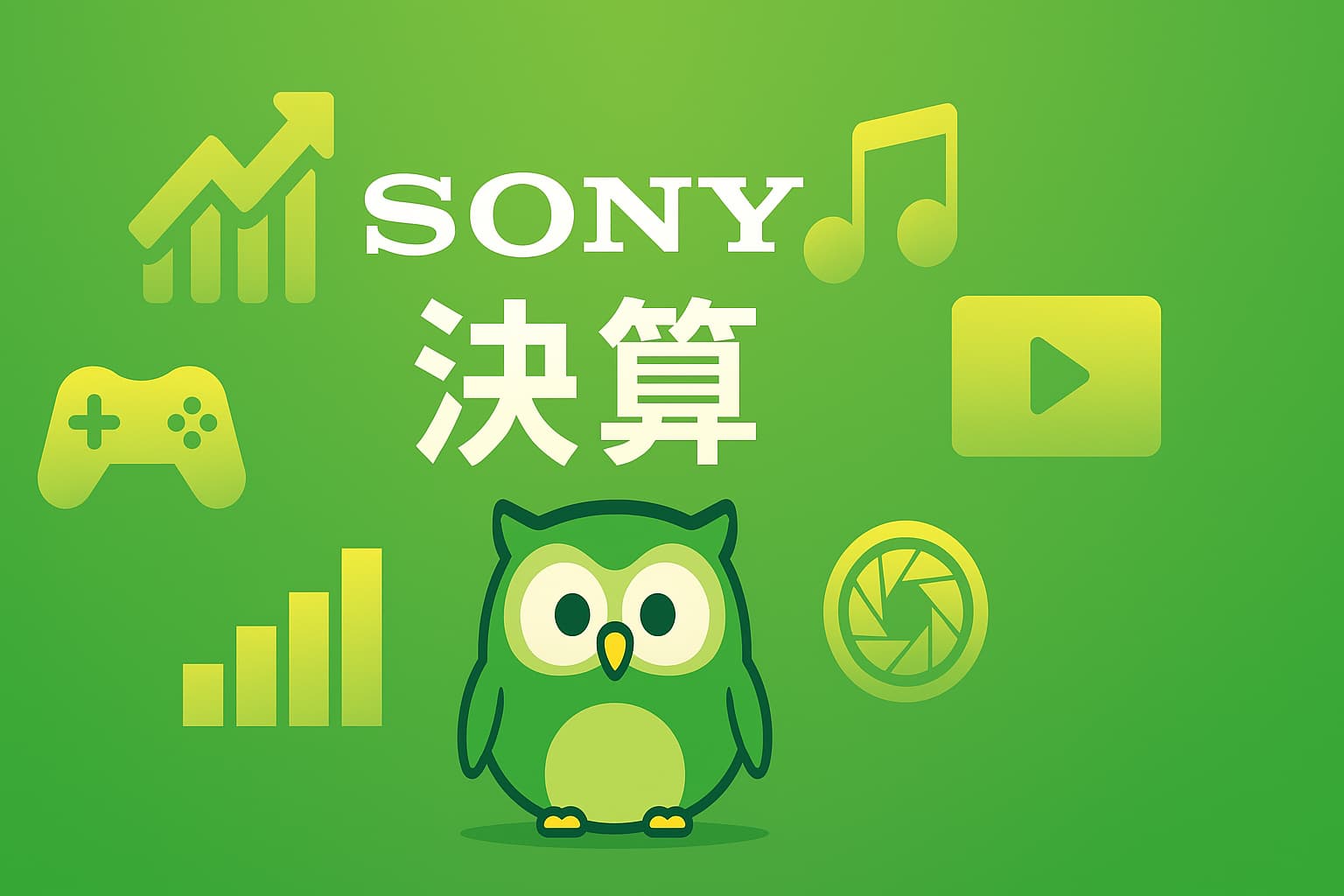 ソニーグループ2025年7〜9月期決算のアイキャッチ画像。ゲーム、音楽、映像、半導体など多角的な事業を象徴するアイコンと緑のフクロウキャラクターを配置。