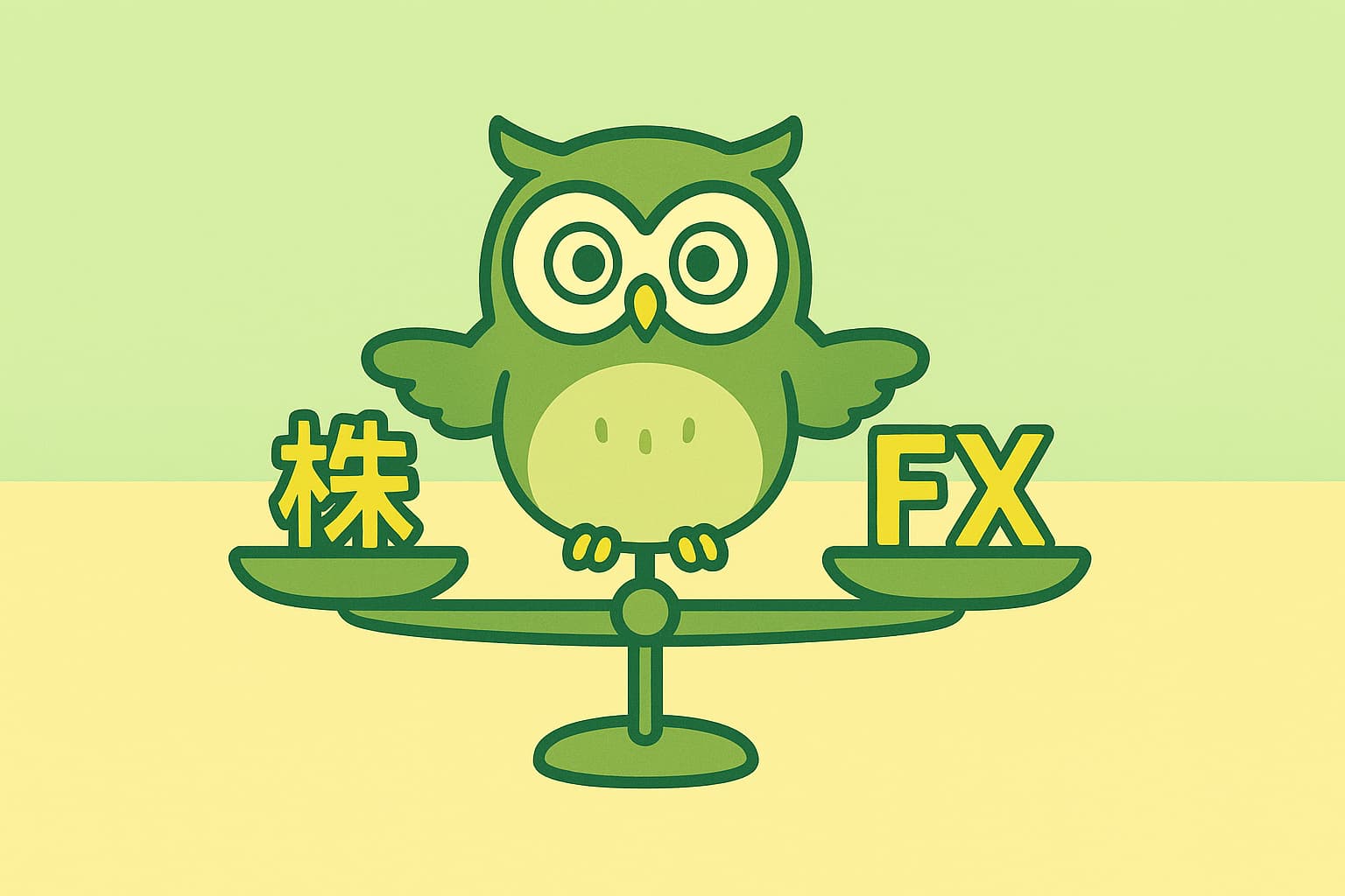 中央にフクロウのキャラクターが座り、左右の天秤で『株』と『FX』を比較しているイラスト。背景は緑と黄色のツートンカラーで、投資のバランスを象徴する構図。
