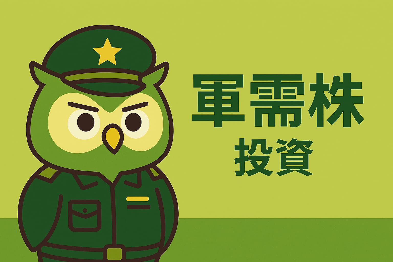 軍需関連株のイメージを表すイラスト。緑と黄色を基調にした背景の中央に、軍服を着たフクロウのキャラクターが配置されている。フクロウは落ち着いた表情で、防衛や戦略を象徴するアイコンを手にしている。右側には「軍需株 投資」という日本語の文字が中央寄せで表示されている。横長16:9の構図で、上下に広めの余白がある。