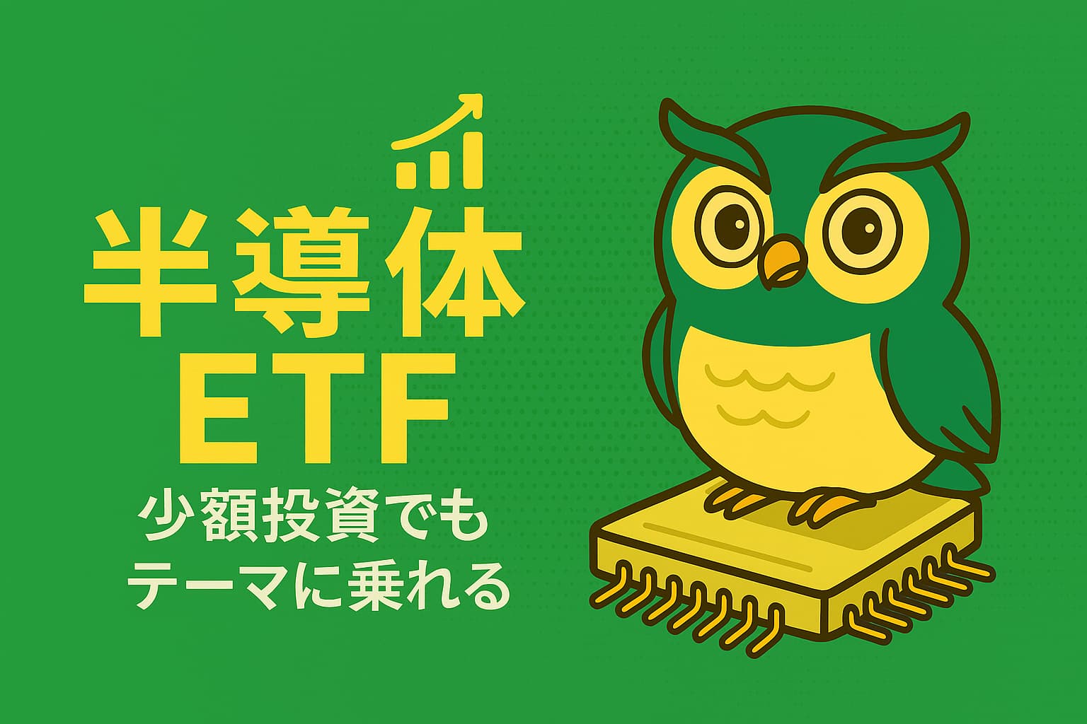 「緑と黄色を基調にした横長のアイキャッチ画像。左側に『半導体ETF』『少額投資でもテーマに乗れる』という日本語テキストが中央寄せで配置され、右側には黄色い半導体チップの上に立つフクロウのイメージキャラクターが描かれている。背景には成長を示す棒グラフアイコンもあり、少額投資で半導体テーマに乗ることを表現している。」