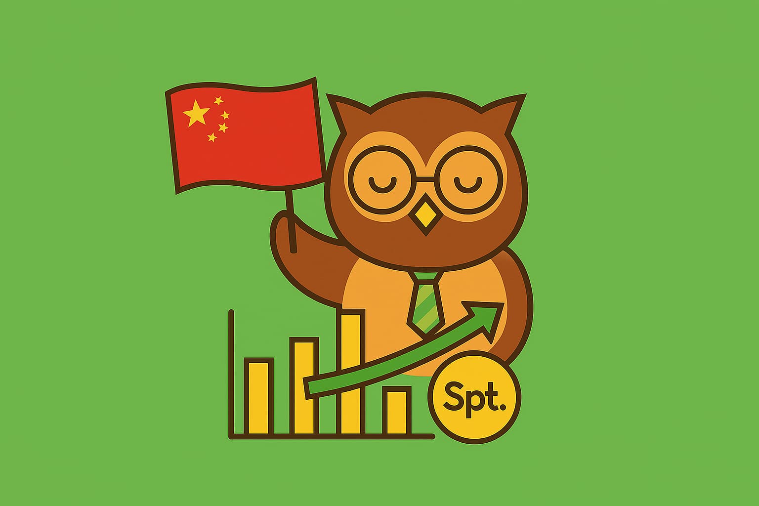 緑の背景に中央配置されたフクロウのイラスト。フクロウは中国国旗を掲げ、下には黄色の棒グラフと右上がりの矢印が描かれており、中国経済の現況と成長を象徴している。カラーは緑と黄色が基調。