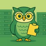 「緑と黄色を基調とした横長イラスト。中央にフクロウのイメージキャラクターが立ち、背景にはデータセンターのサーバーラックが並ぶ。フクロウは黄色いクリップボードを持ち、知的で親しみやすい雰囲気。」