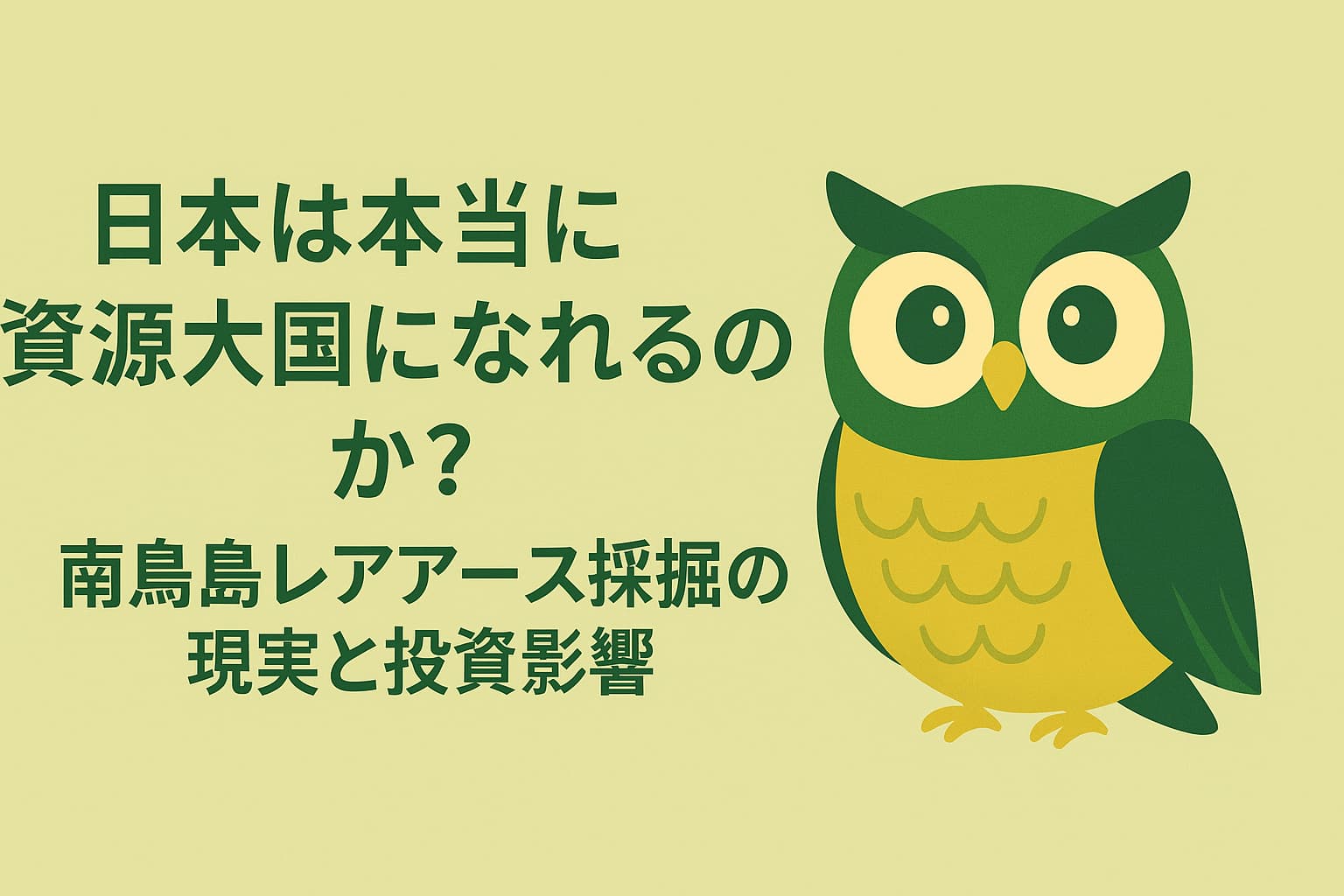 緑と黄色を基調にした横長16:9のアイキャッチ画像。中央に可愛らしいフクロウのイメージキャラクターが座り、その下に「日本は本当に資源大国になれるのか?南鳥島レアアース採掘の現実と投資影響」という日本語タイトルが中央寄せで配置されている。上下に広い余白があり、シンプルで親しみやすいデザイン。