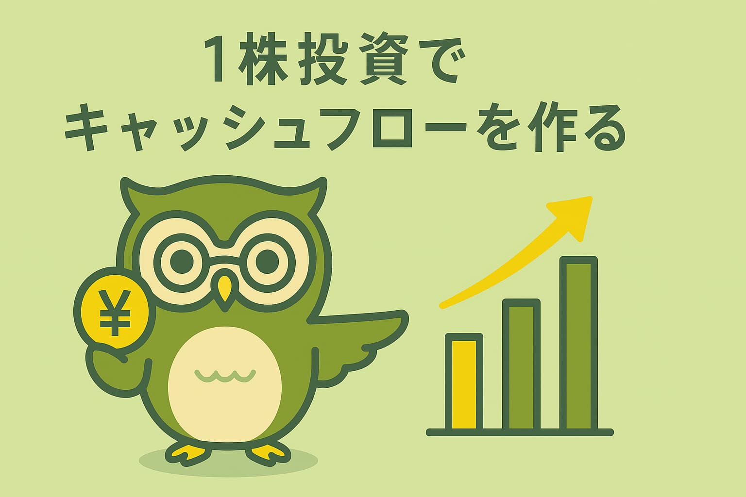 「1株投資でキャッシュフローを作る」という日本語テキストと、黄色い円に円マークを持った緑色のフクロウキャラクター。右側には配当をイメージした棒グラフと上向きの矢印が描かれており、背景は淡い緑色。投資による少額配当の成長を表現したイラスト。
