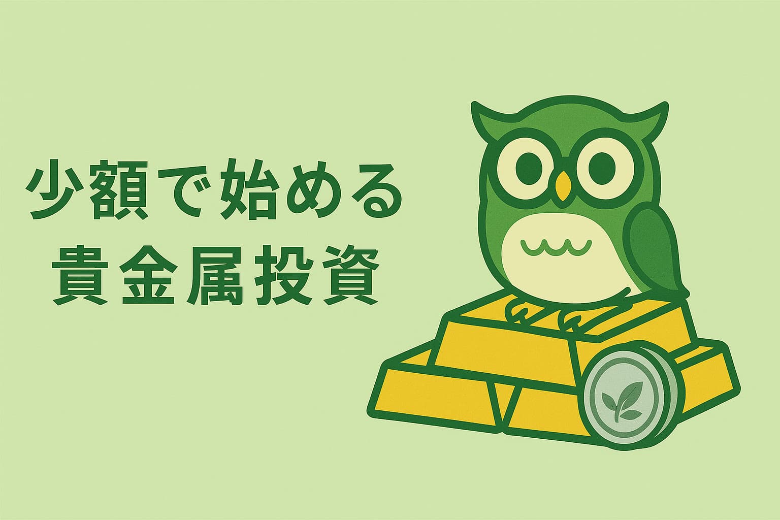 「少額で始める貴金属投資」という日本語タイトルと、金の延べ棒とプラチナコインの上に座る緑色のフクロウのイラスト。背景は淡い緑で、中央に文字とキャラクターが配置された横長16:9のバナー画像