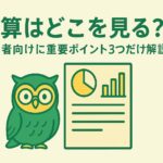 「決算はどこを見る？初心者向けに重要ポイント3つだけ解説」というタイトルが中央に配置された横長画像。緑と黄色を基調とした配色で、中央には眼鏡をかけたフクロウのイメージキャラクターと、グラフ付きの決算書アイコンが並ぶ。上下に広めの余白があり、落ち着いた雰囲気のデザイン。