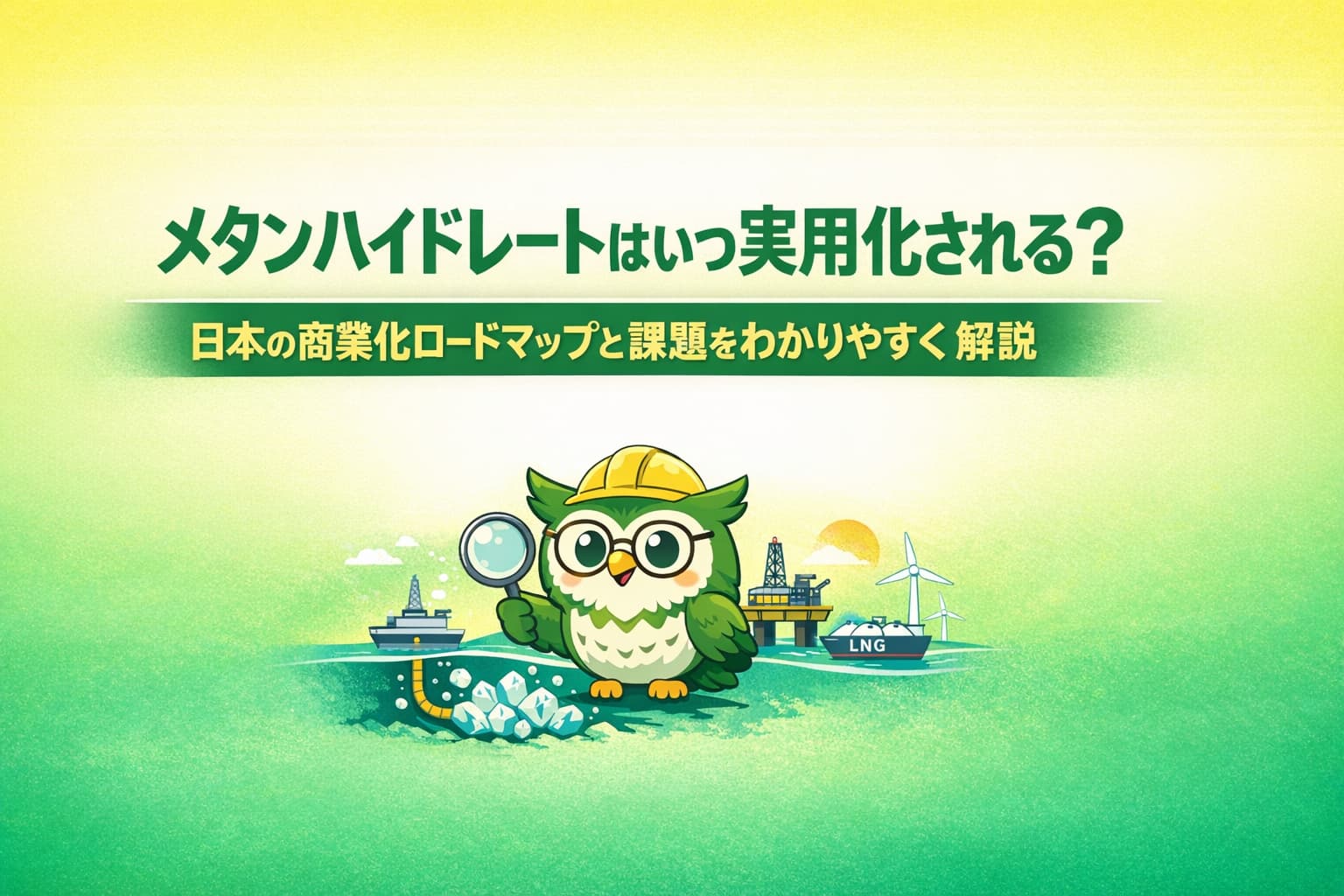 「メタンハイドレートはいつ実用化される?」という緑色の見出しと黄色のサブタイトルが中央に配置された横長バナー画像。背景は緑と黄色のグラデーションで、中央下には眼鏡をかけた黄色と緑のフクロウキャラクターがヘルメットをかぶり、虫眼鏡を持って微笑んでいる。フクロウの右側には海上の採掘プラットフォーム、LNGタンカー、風力発電機などのエネルギー関連イラストが並び、メタンハイドレートの実用化をテーマにした構成。」
