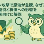 イランの攻撃による原油急騰をテーマにした解説用アイキャッチ画像。左側に原油のドラム缶、上昇するグラフ、油滴のアイコン、積み上がったコインが描かれ、右側には日本地図を背景に虫眼鏡を持ったフクロウのキャラクターが立っている。上部には「イラン攻撃で原油が急騰。なぜ？ 日本経済と株価への影響を初心者向けに解説」という日本語タイトルが配置されている。