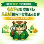 緑と黄色を基調にした横長のバナー画像。中央に眼鏡をかけたフクロウのキャラクターが立ち、右手に虫眼鏡を持って真剣な表情をしている。上部には「KDDI 9433 不正会計問題」と書かれた緑の帯、中央に「99.7％架空取引と2461億円下方修正の影響」という白と黄色の文字、下部に「投資家目線で徹底解説」と記された黄色の帯が配置されている。背景は緑のグラデーションで、全体が中央寄せ・上下余白広めのデザイン。