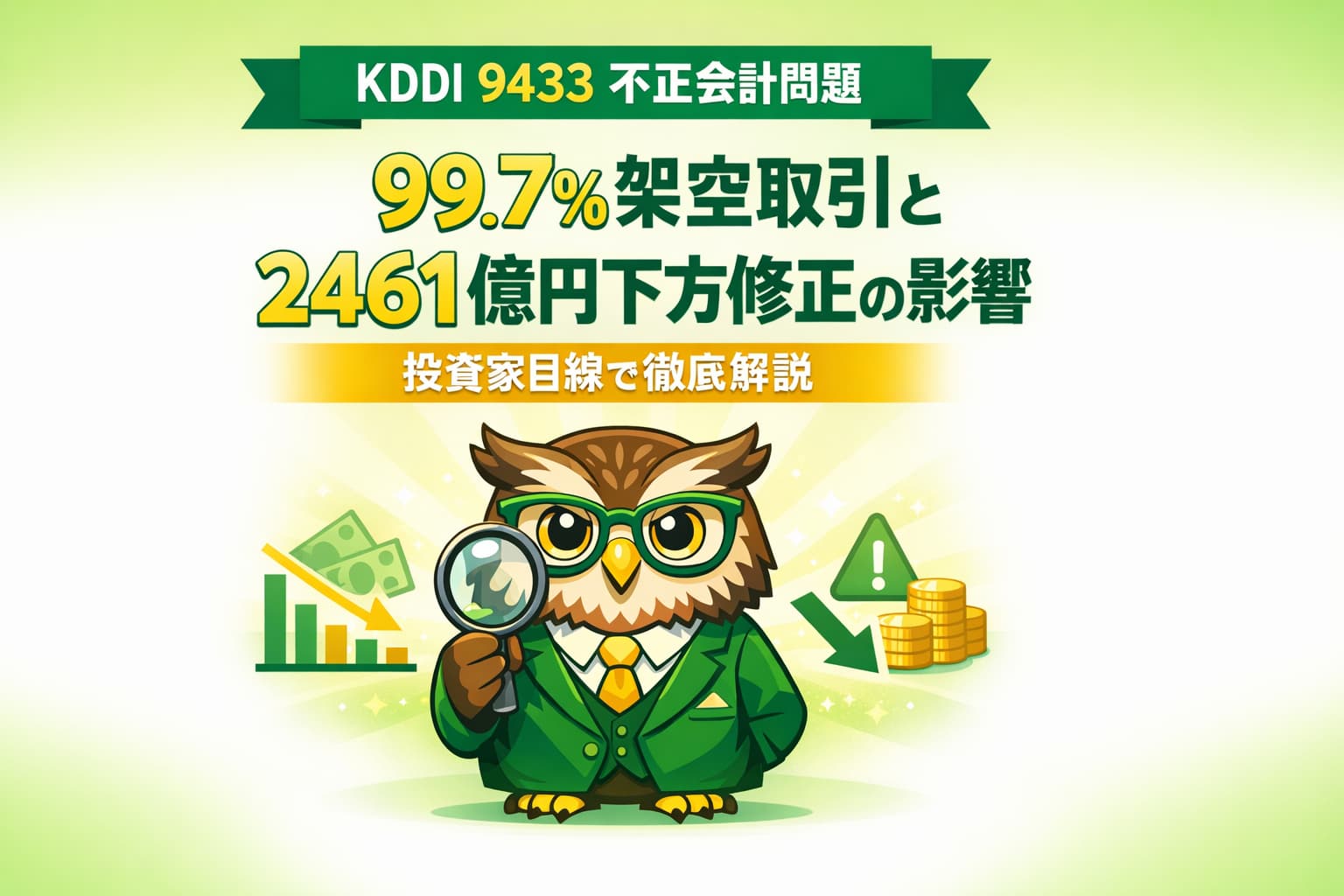 緑と黄色を基調にした横長のバナー画像。中央に眼鏡をかけたフクロウのキャラクターが立ち、右手に虫眼鏡を持って真剣な表情をしている。上部には「KDDI 9433 不正会計問題」と書かれた緑の帯、中央に「99.7%架空取引と2461億円下方修正の影響」という白と黄色の文字、下部に「投資家目線で徹底解説」と記された黄色の帯が配置されている。背景は緑のグラデーションで、全体が中央寄せ・上下余白広めのデザイン。